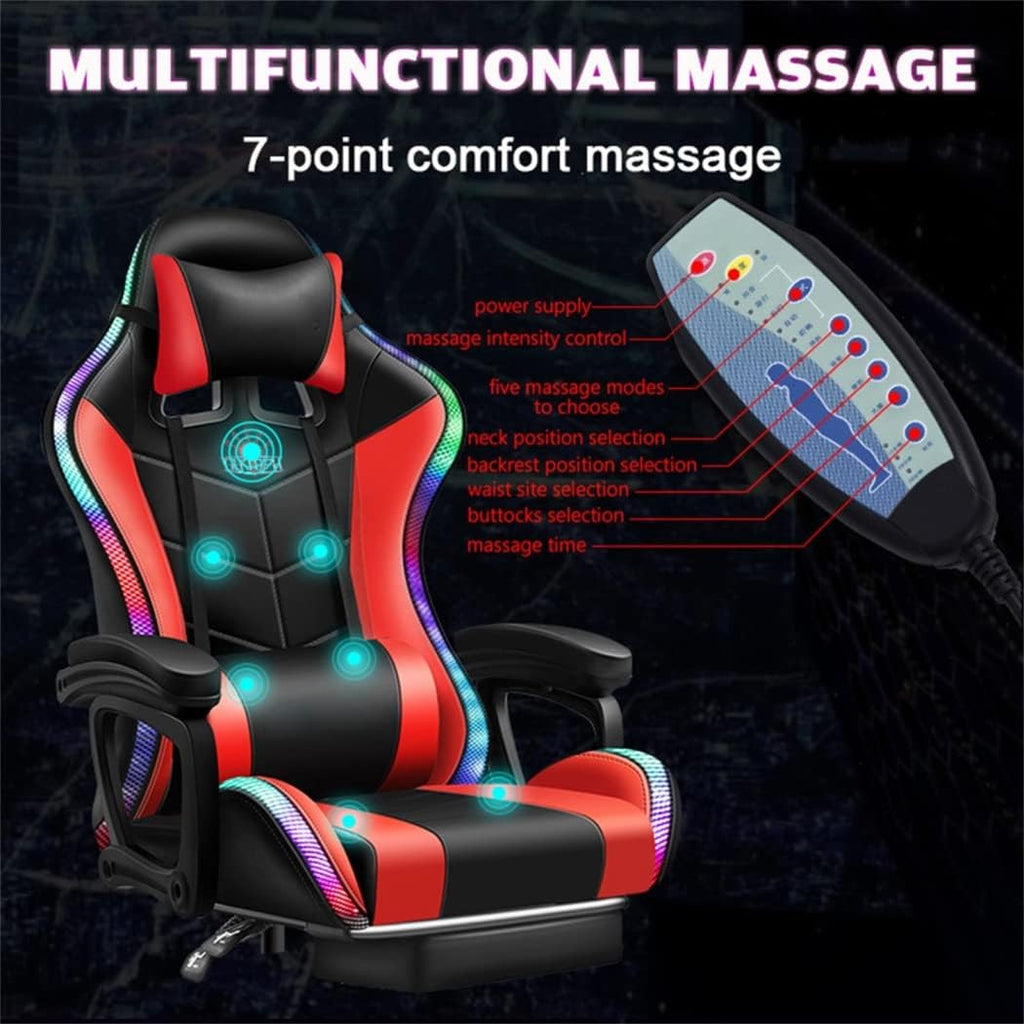 Gaming Chair with Speakers and LED Lights, Massage Computer Chair for Adults, Video Game Chair with Footrest and Lumbar Support, PU Leather Gamer Chair for Adults and Teens,Red