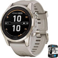 Garmin Fenix 7S Pro Solar, Sapphire, Soft Gold Steel, Light Sand Bundle with 2 Year Enhanced Protection Pack (Renewed)