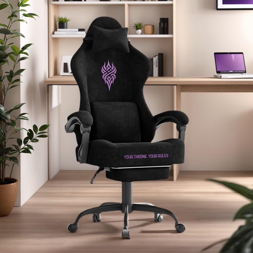 Soontrans Black Velvet Fabric Gaming Chairs with Footrest, Ergonomic Comfortable Video Gamer Chair, Reclining Office Computer Desk Game Chairs with Massage Lumbar Cushion,Headrest for Adult
