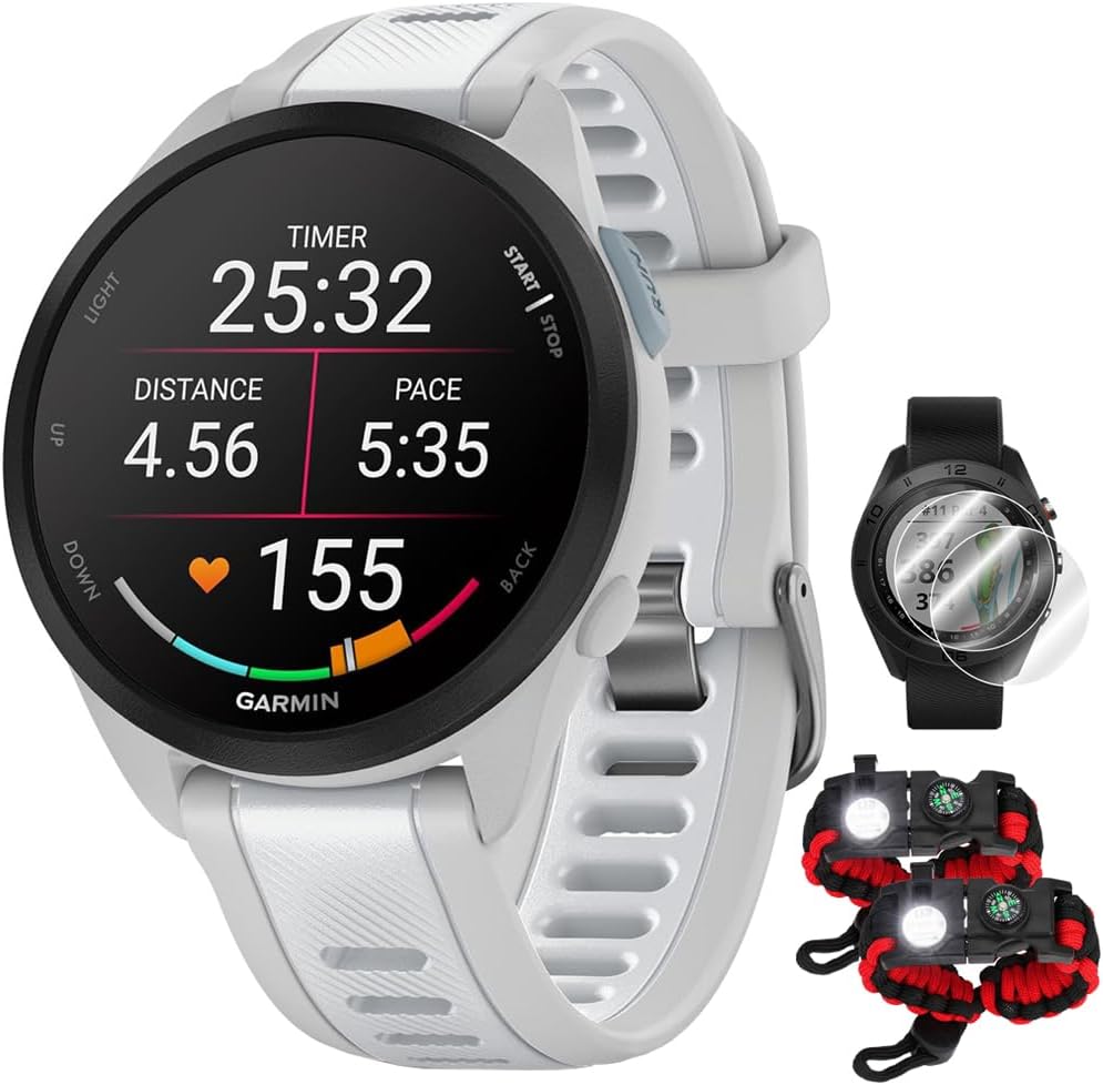 Garmin 010-02863-31 Forerunner 165 Music Smart Sport Watch, Mist Gray + Whitestone Bundle with Deco Essentials 2X Tactical Emergency Paracord Multipurpose Bracelet and 2X Screen Protector