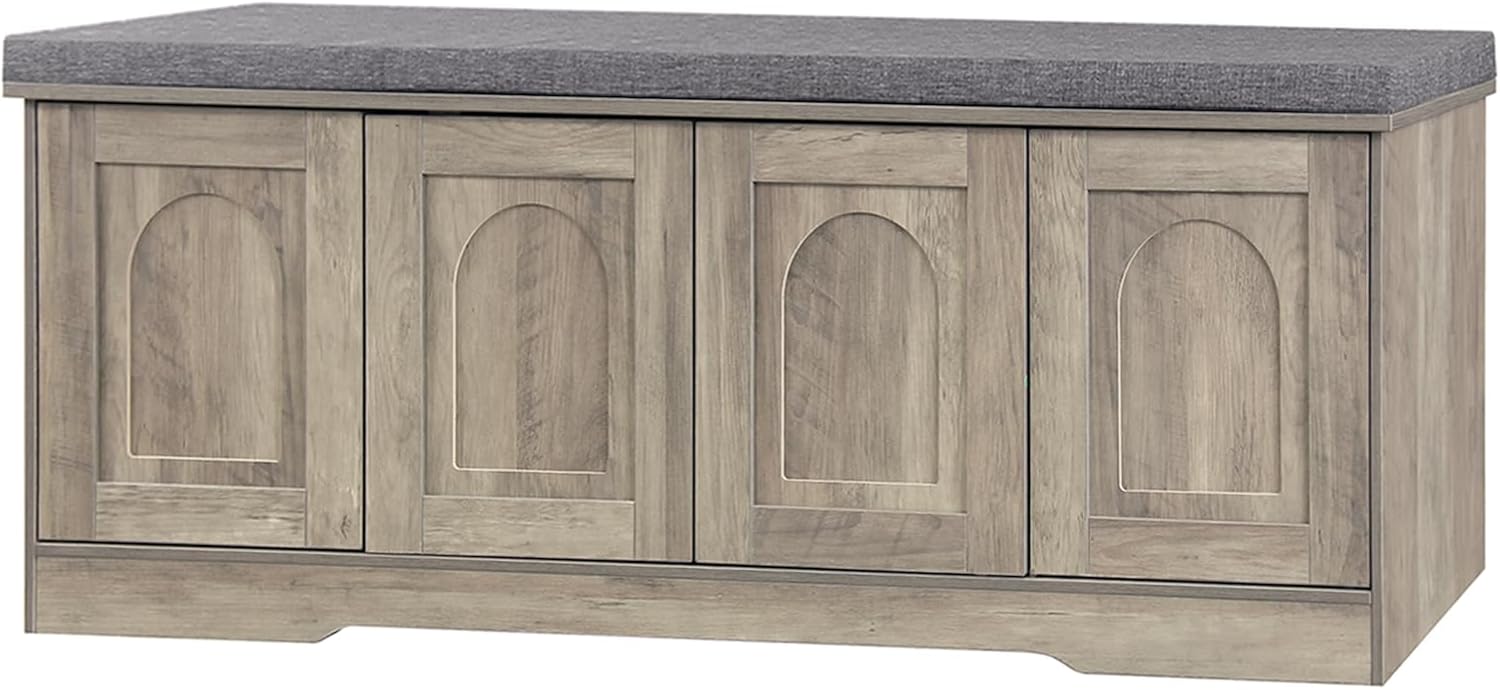 DINZI LVJ Shoe Bench, Entryway Storage Bench with Doors, Cushion, 2-Tier Shoe Rack with 8-Cubby, 47.2'L x 13.8'W Shoe Organizer Cabinet, Adjustable Shelf, Living Room, Bedroom, Gray Wash