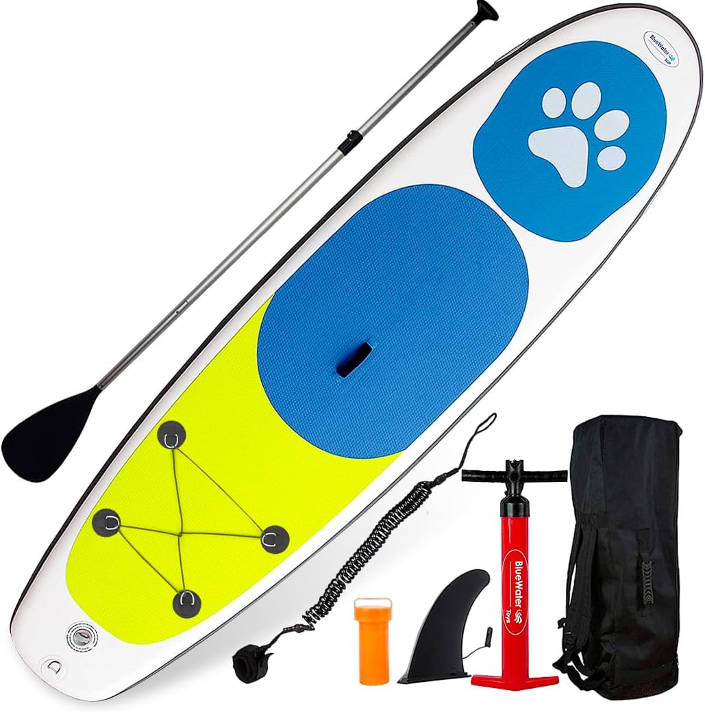 Inflatable Stand Up Paddle Board Paw Paddler by Blue Water Toys - 11ft Nylon and Mesh Inflatable Paddle Board with 100% UV-Resistant Honeycomb EVA Pad, Complete SUP Set for Pets and Humans