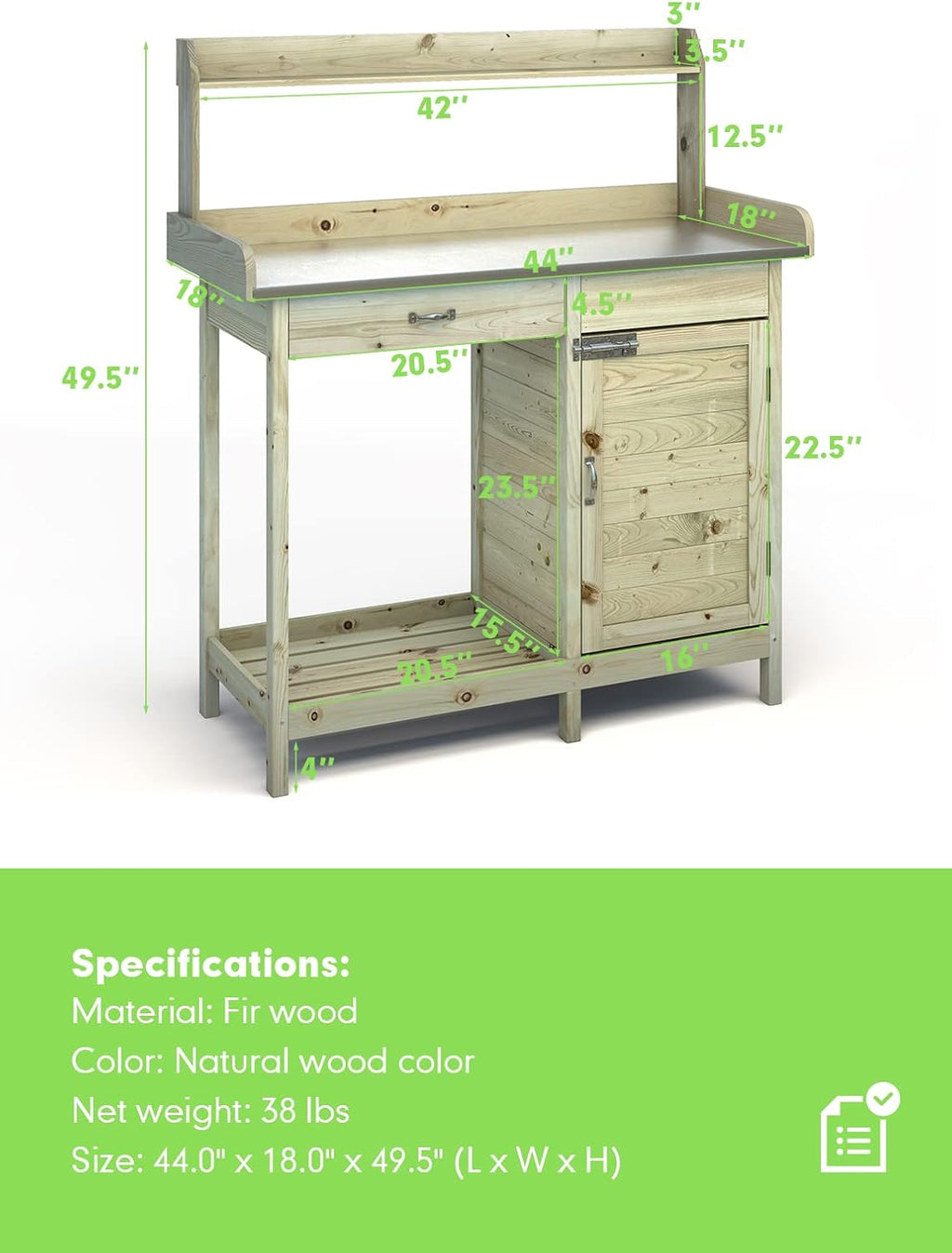 ARNOT Potting Bench,Outdoor Potting Bench Table with Sink and Storage Shelves, Wooden Garden Workstation for Gardening Tools, Planting, and Repotting – Natural Fir Wood (44' x 18' x 49.5')
