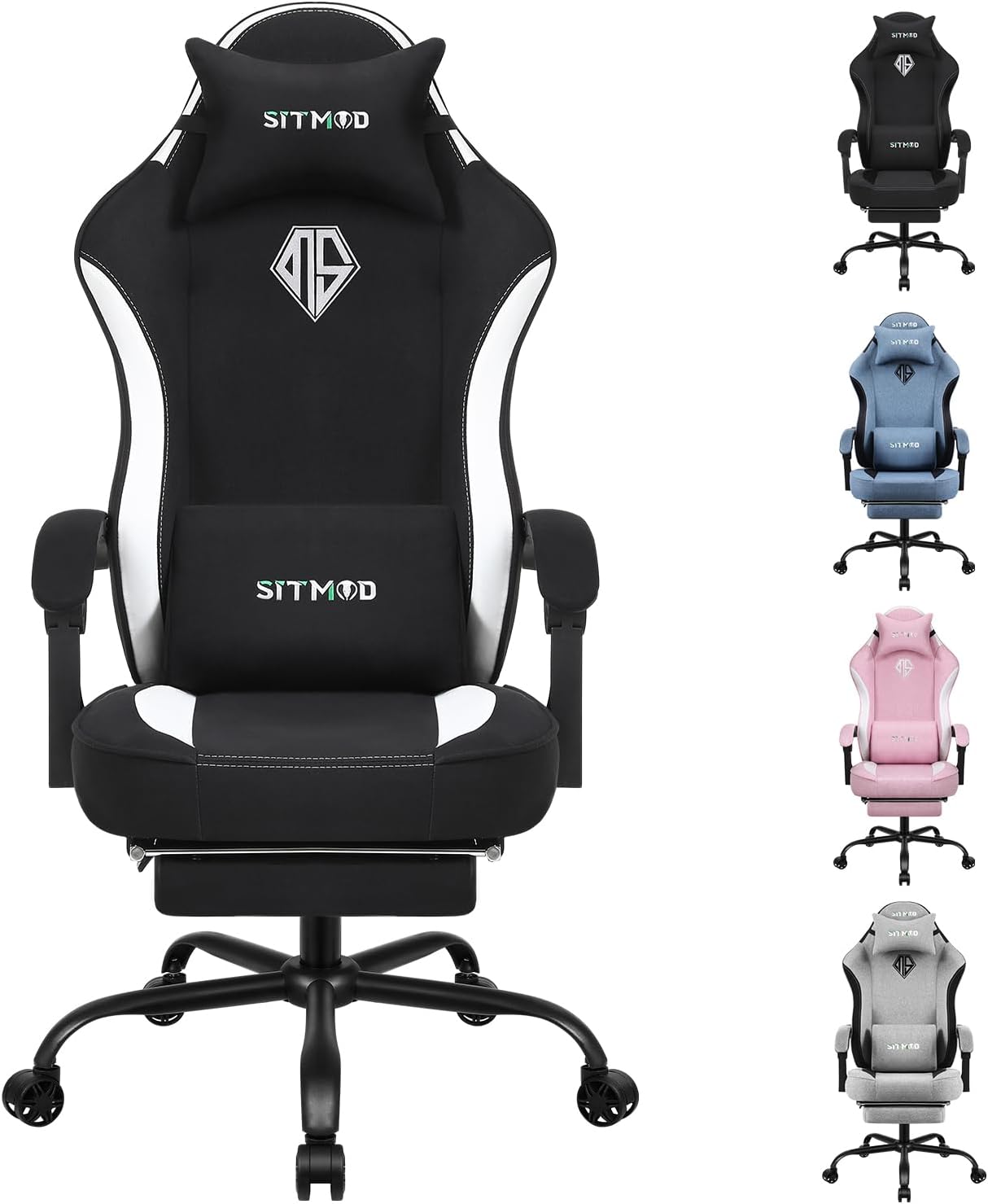 SITMOD Breathable Fabric Gaming Chair, 350lbs Heavy Duty Computer Office Chair with Pocket Spring Cushion, Wide Seat Ergonomic Gamer Chair with Footrest for Big and Tall, Reclining High White