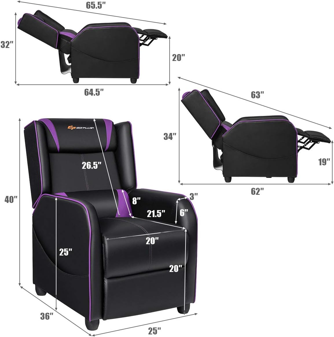 POWERSTONE Gaming Recliner Chair, Reclining Gaming Chairs for Adults Ergonomic Leather Sofa with Footrest Lumbar Support Headrest and Side Pouch for Living Room Home Theater, Purple