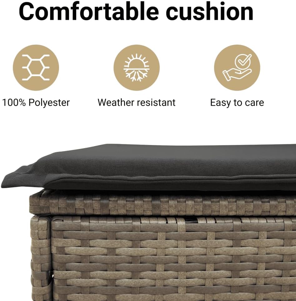 vidaXL Storage Bench Grey PE Rattan, Powder-Coated Steel, Polyester