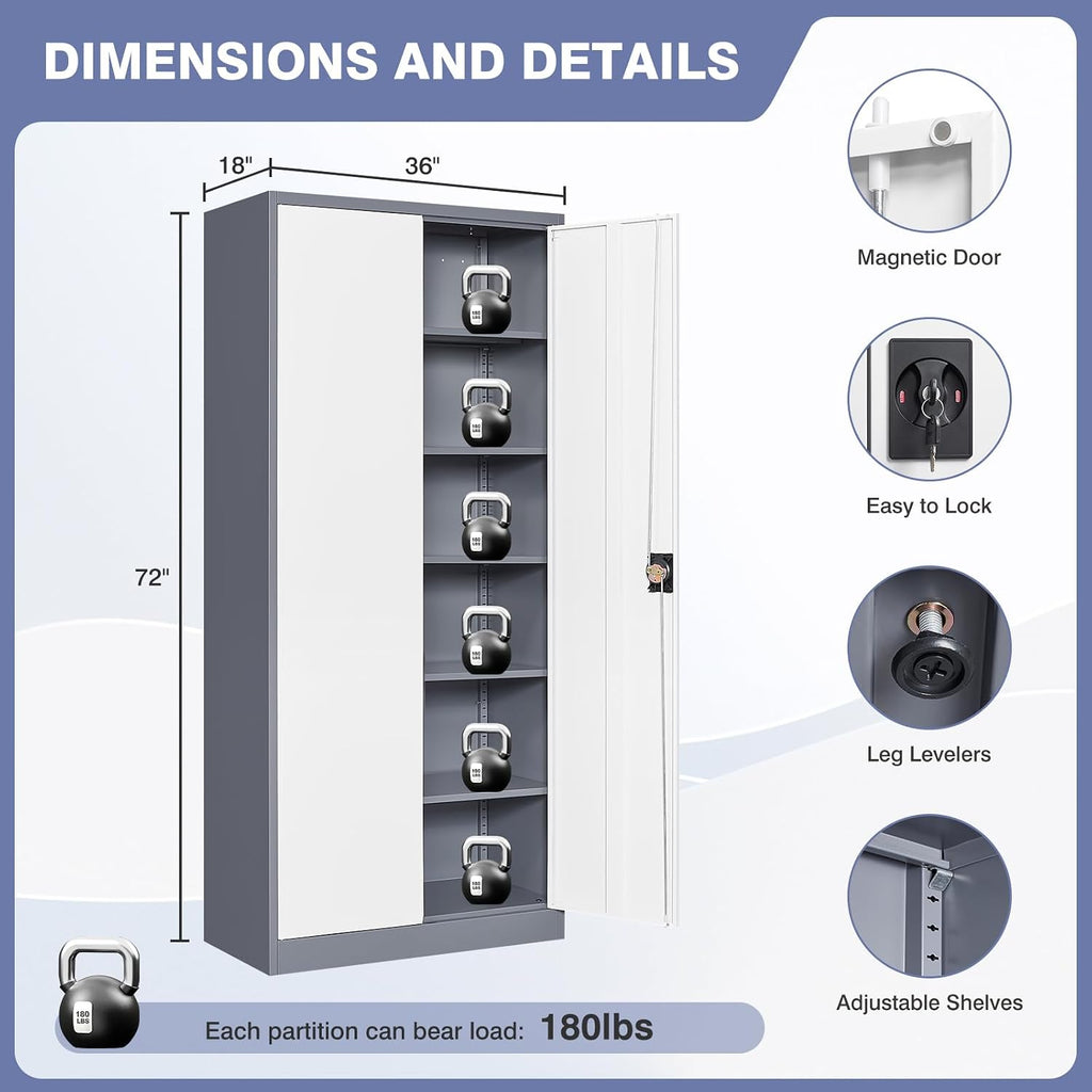 Metal Cabinet,Locking Storage Cabinet with 2 Doors and 5 Adjustbale Shelves,72' Tall Tool Steel Cabinets for Garage,Home Office,School,Gym(Grey & White)
