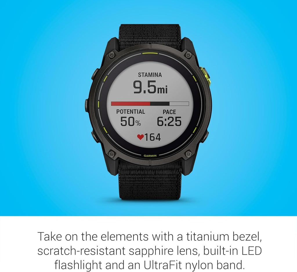 Garmin Enduro 3 Solar Ultraperformance GPS Smartwatch Bundle - 320 Hours Battery Life, Built-in LED Flashlight with UltraFit Nylon Band and PlayBetter Wireless Running Earbuds