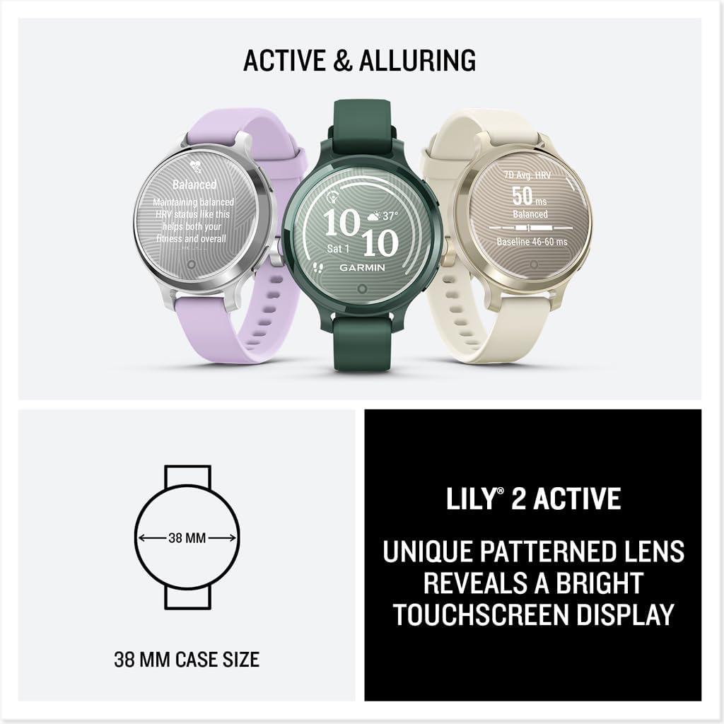 Garmin Lily 2 Active Small and Stylish Smartwatch Up to 9 Days Battery Life Built-in GPS Hidden Display Patterned Lens Purple Jasmin 010-02891-01 Health and Fitness Smart Watch Bundle for Women