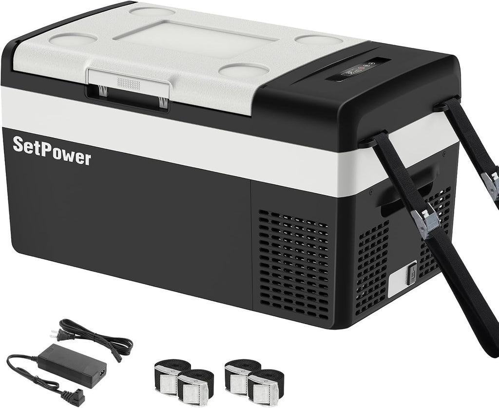 Setpower 12 Volt Refrigerator, 21QT portable freezer,12V Car Fridge With Fix Ropes,Compressor Electric Cooler -4℉~68℉,Plug in cooler for vehiclesTruck RV SUV Van Travel Camping (1-year warranty)