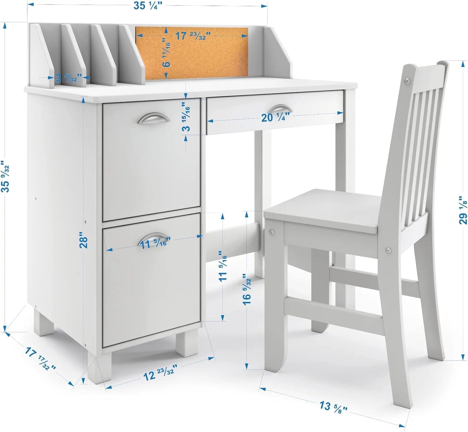 Wooden Study Desk Chair Set For Kids, Writing Desk With Storage Cabinet – Computer And Gaming Workstation Table With Drawers For Bedroom, Study Room, Homeschool (White/Rectangular)