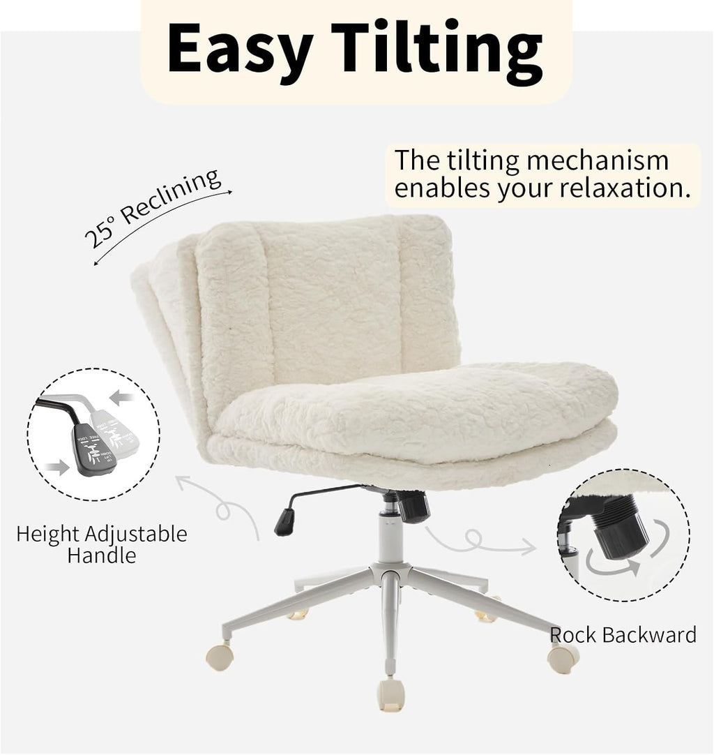 Shenyon Criss Cross Chair with Wheels, Wide Cross Legged Office Chair with 2 Layer Cushions & Back, Adjustable Swivel Home Office Chair, Comfy Faux Fur Makeup Vanity Chair for Girls Women, Cream