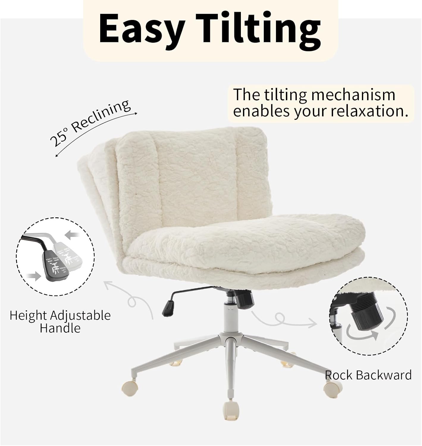 Shenyon Criss Cross Chair with Wheels, Wide Cross Legged Office Chair with 2 Layer Cushions & Back, Adjustable Swivel Home Office Chair, Comfy Faux Fur Makeup Vanity Chair for Girls Women, Cream