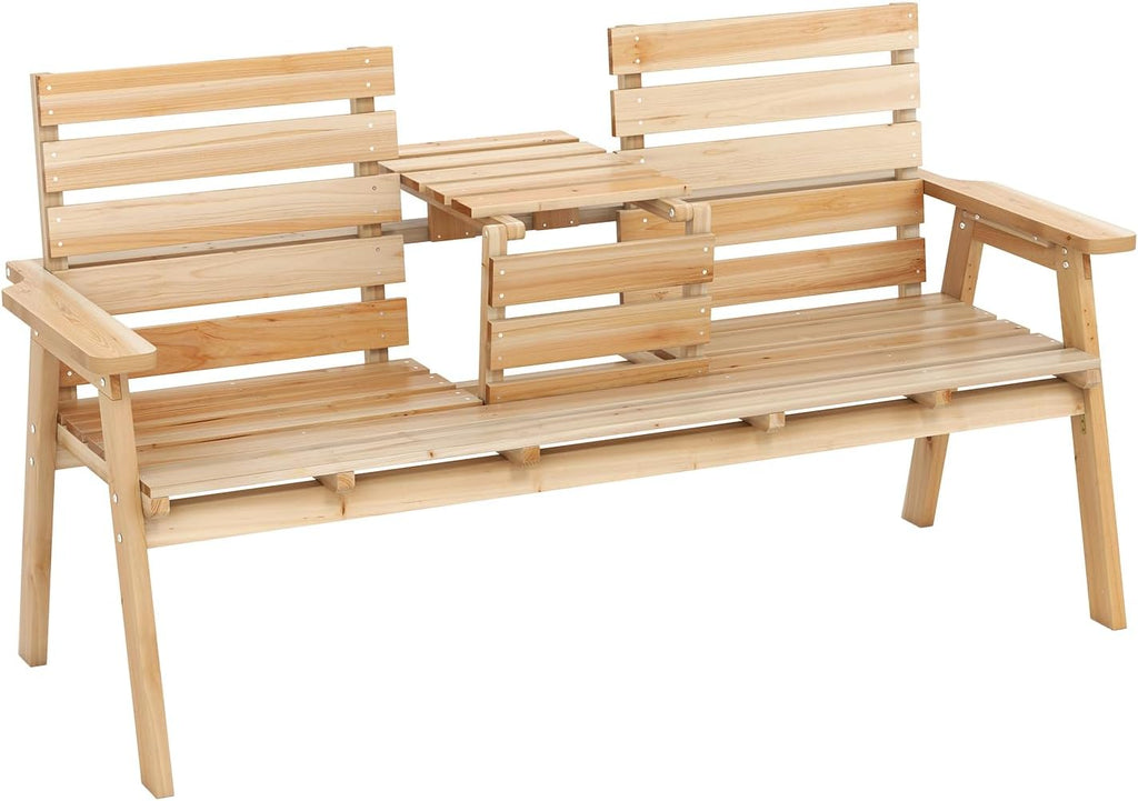 Tangkula Outdoor Fir Wood Bench with Foldable Middle Table, 2-3 Person Garden Bench with Backrest and Armrests, 710 lbs Weight Capacity, Slatted Seat Bench for Porch, Patio, Backyard