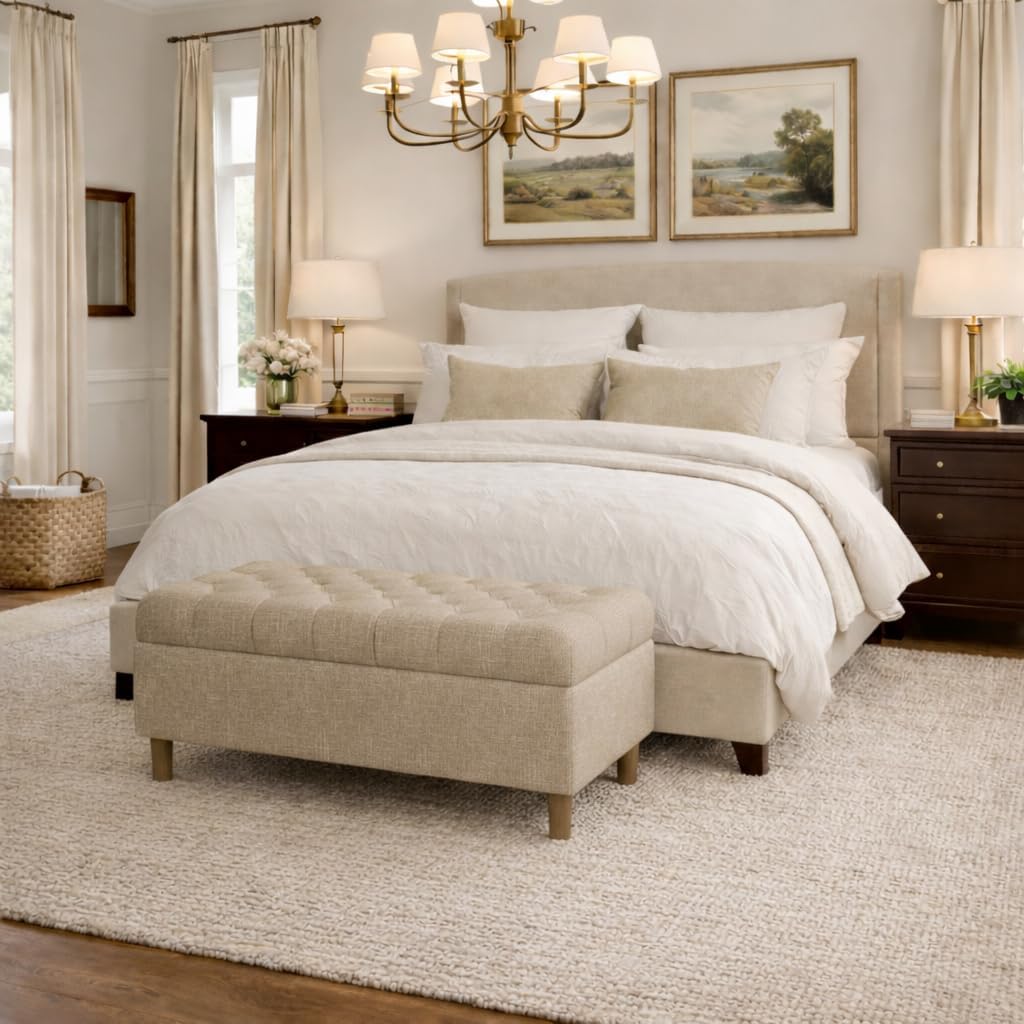 Homepop Home Decor | Tufted Ainsley Button Storage Ottoman Bench with Hinged Lid | Ottoman Bench with Storage for Living Room & Bedroom, Oatmeal Textured Fabric