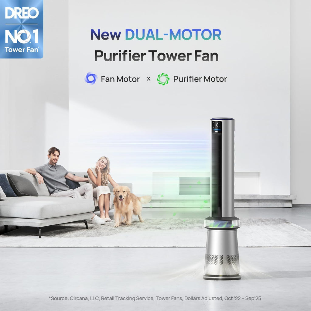 Dreo MC710S Air Purifier Tower Fan, 45' 2-in-1 Smart Fan for Bedroom, 27ft/s Velocity, 120°Oscillation, 24H Timer Bladeless Fans for Home, 25dB Low Noise, Standing Fan Works with Alexa, Silver Blue