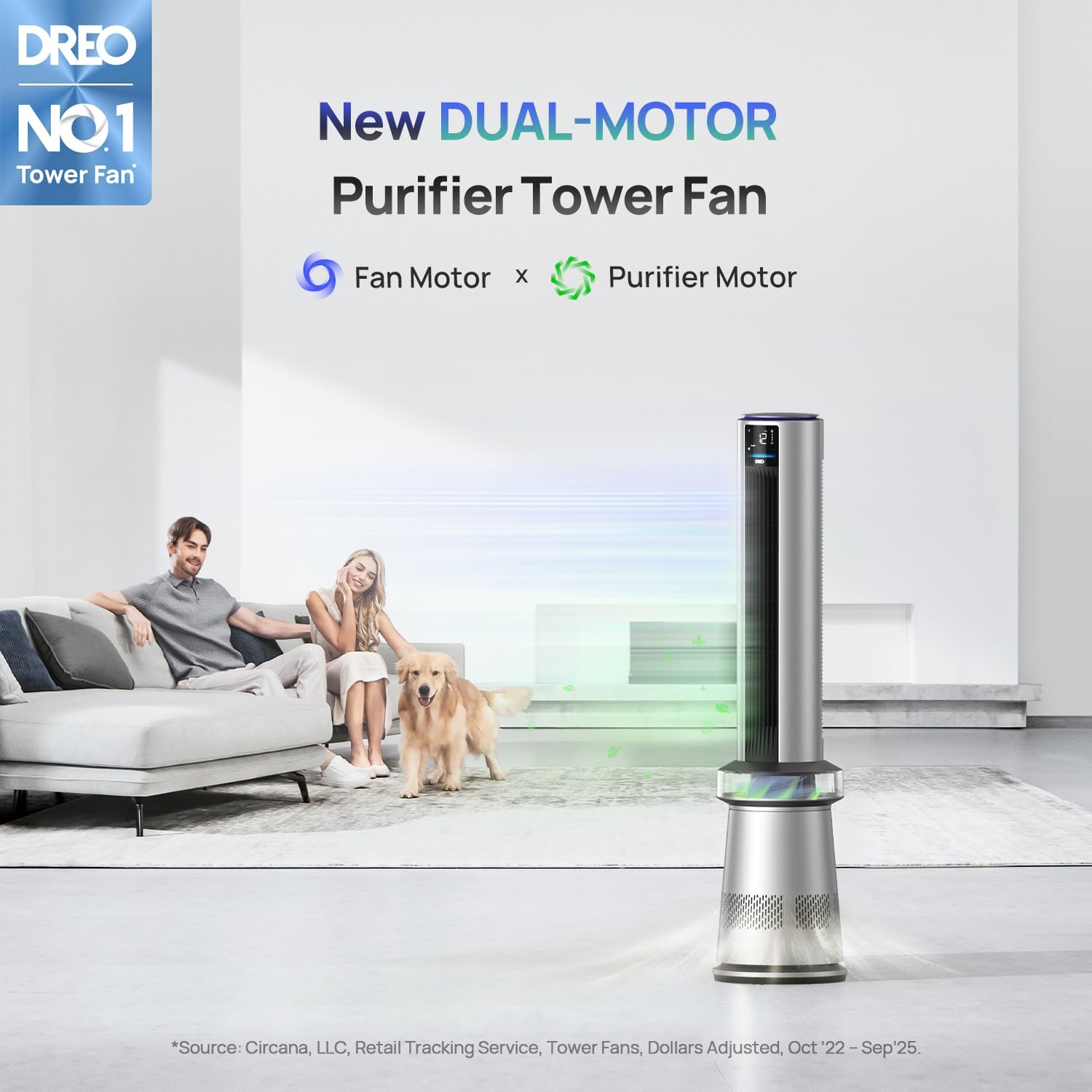 Dreo MC710S Air Purifier Tower Fan, 45' 2-in-1 Smart Fan for Bedroom, 27ft/s Velocity, 120°Oscillation, 24H Timer Bladeless Fans for Home, 25dB Low Noise, Standing Fan Works with Alexa, Silver Blue