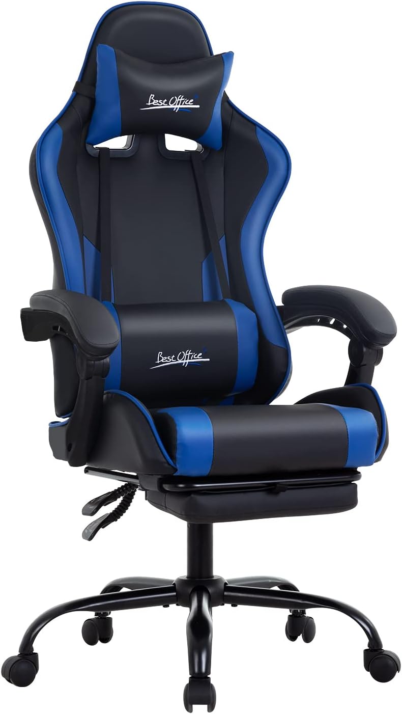 Gaming Chair Office Chair Desk Chair with Footrest Lumbar Support Headrest Armrest Task Rolling Swivel Ergonomic E-Sports Adjustable PC Gamer Chair (Blue)