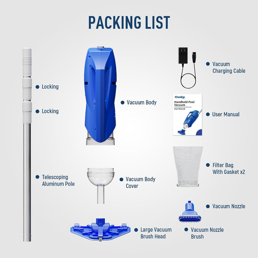 Cordless Pool Vacuum for Above Ground & Inground Pools, 18.5GPM Suction with 2 Brush Heads for Leaves, Debris, with Telescopic Pole Back-Friendly Cleaning, Hot Tub Spa Handheld Cleaner (Blue)