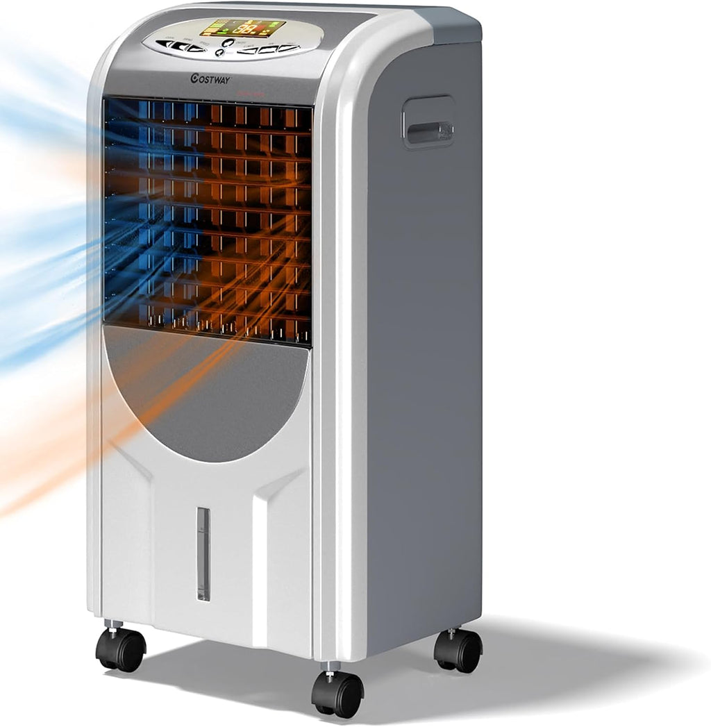 COSTWAY Evaporative Cooler and Heater, 5-in-1 Portable Air Cooler with Remote Control, 8-Hour Timer, 2 Ice Boxes, Quiet Operation, Bladeless Air Cooler for Indoor Use Home Office Dorms Grey