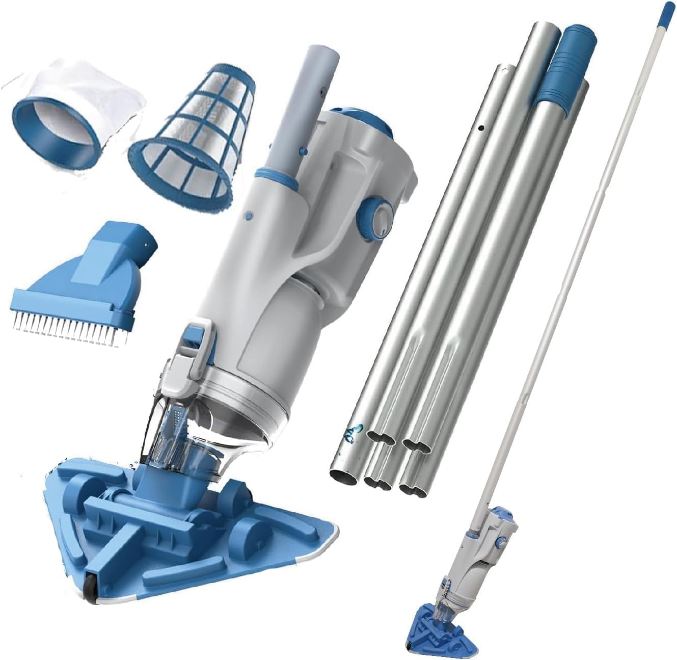 KOKIDO Rechargeable Cordless Pool Vacuum for Above Ground Pool and Pond Cleaner, 72' Aluminum Pole, Standard & Fine Filters, 2 Brush Vac Heads, Handheld Pool Cleaner Spot Clean Inground Pools XV320