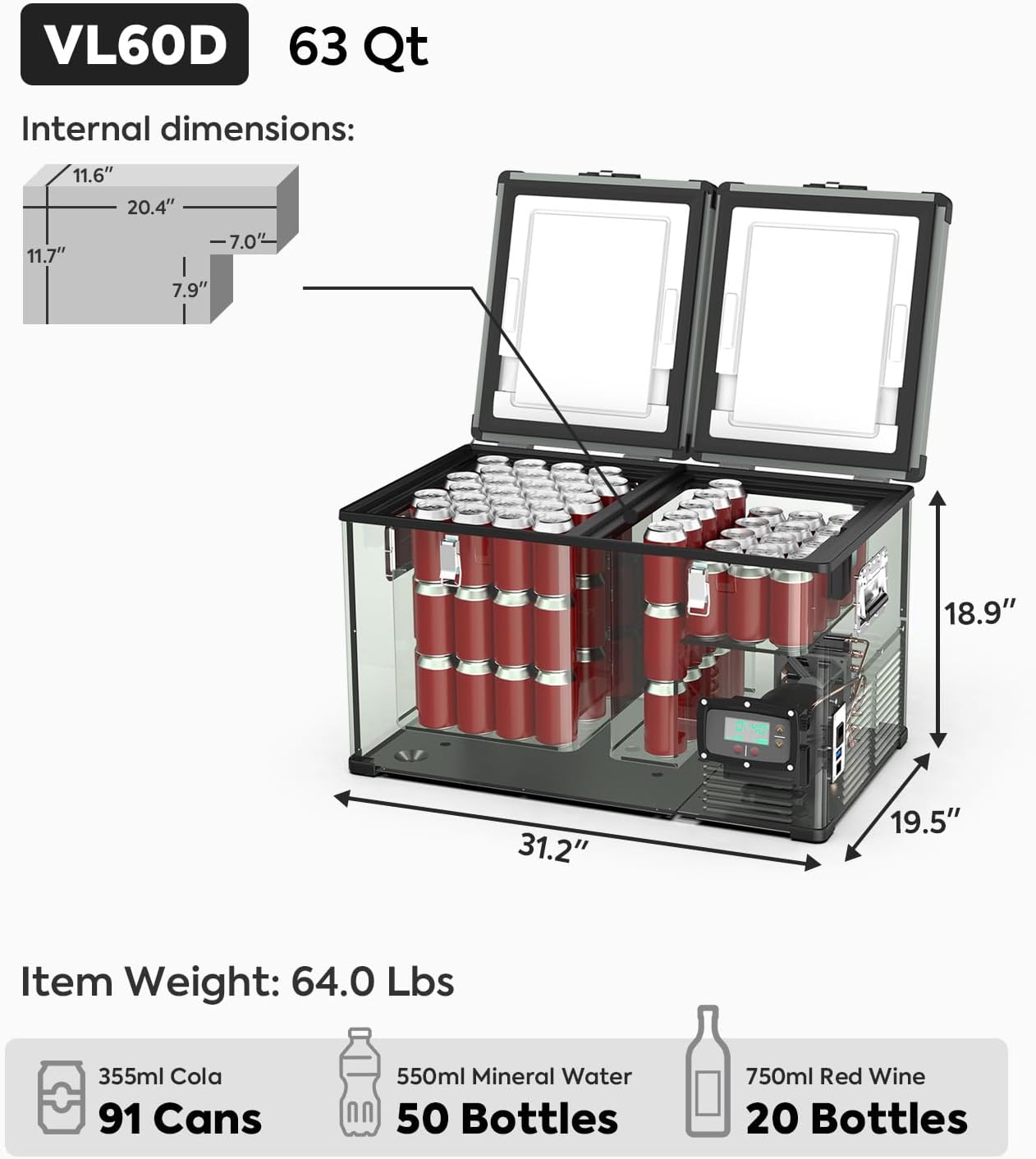 ICECO VL60 Dual Zone Portable Refrigerator with SECOP Compressor, 60 Liters Platinum Compact Refrigerator, DC 12/24V, AC 110-240V, 0℉ to 50℉, Home & Car Use (with Insulated Cover)