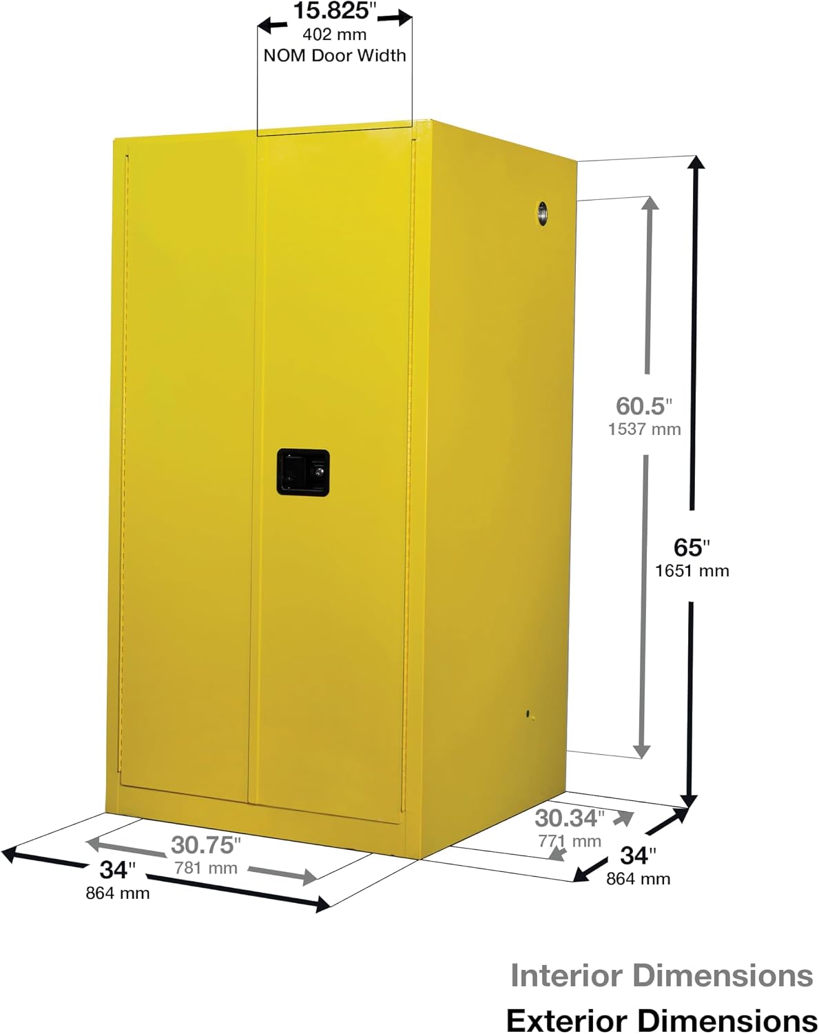 Justrite 60 Gallon Self Close Flammable Storage Cabinet, 18 Gauge Steel, 2 Shelves, 2 Door Fire Cabinet, 65' x 34' x 34', Made in The USA, Yellow, 896020