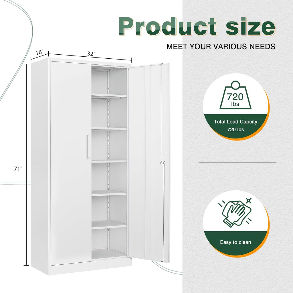Letaya Metal White Storage Cabinet with Lock-71 Tall Metal Pantry Cabinets,5 Adjustable Shelves and Door for Home,Office,Kitchen,Warehouse,Utility Room(White)