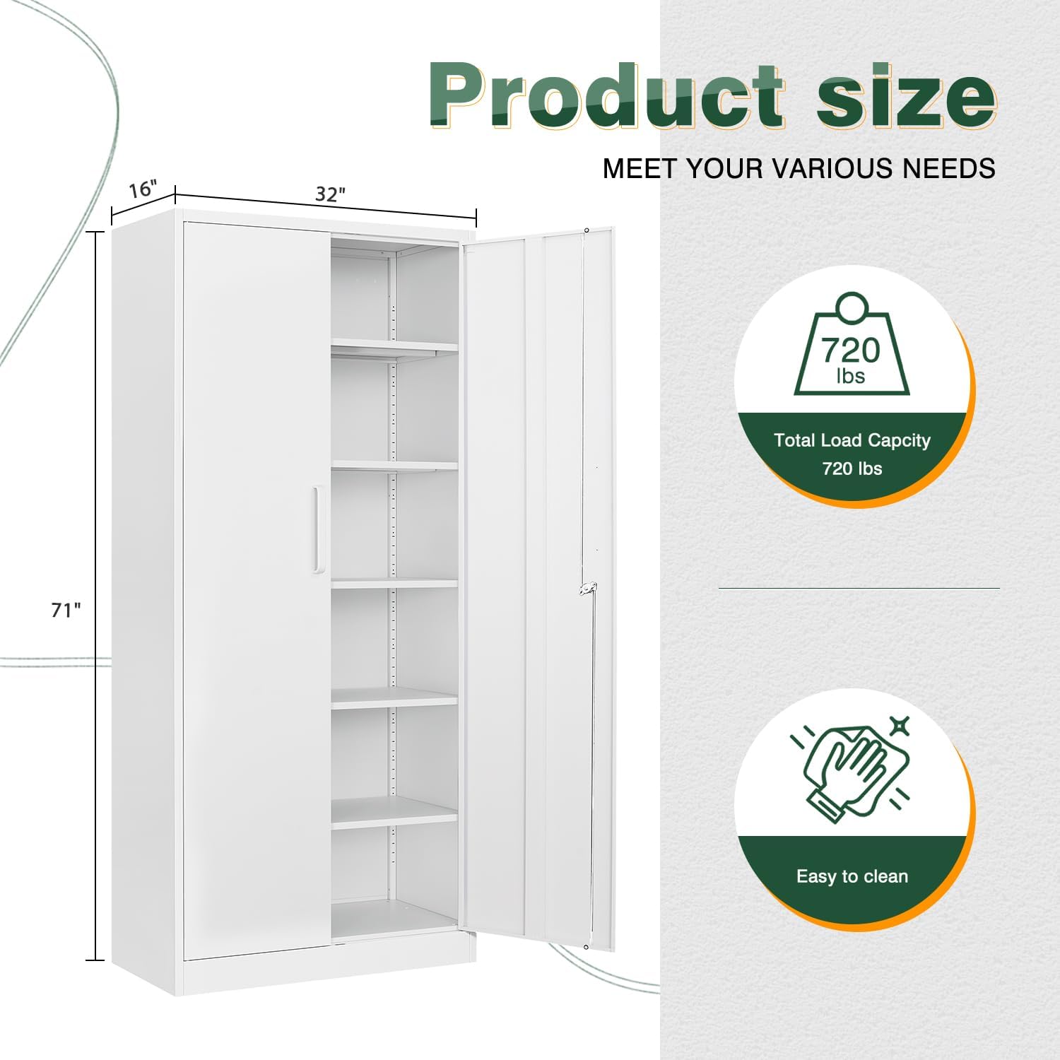 Letaya Metal White Storage Cabinet with Lock-71 Tall Metal Pantry Cabinets,5 Adjustable Shelves and Door for Home,Office,Kitchen,Warehouse,Utility Room(White)