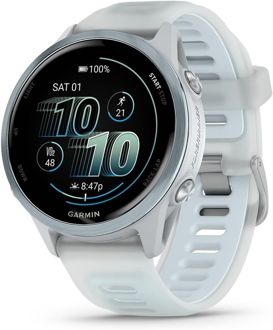 PlayBetter Garmin Forerunner 570 (42mm, Cloud Blue/Translucent Whitestone) Advanced GPS Running and Triathlon Smartwatch Bundle HD Screen Protectors & Wireless Earbuds