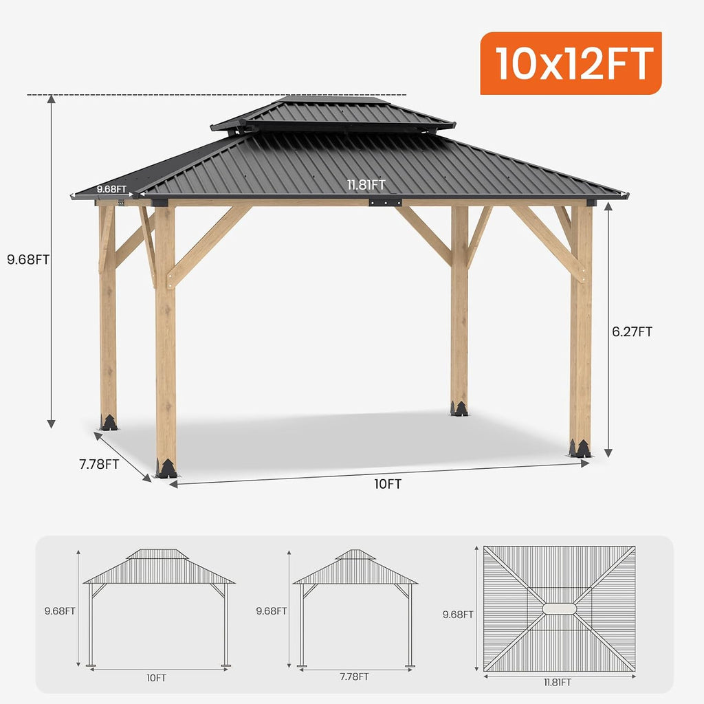 Outdoor Wooden Gazebo - Outdoor Patio Gazebo with Galvanized Steel Double Roof, Cedar Wooden Frame Pavilion, Pergolas for Garden, Lawn, Poolside (10X12FT)