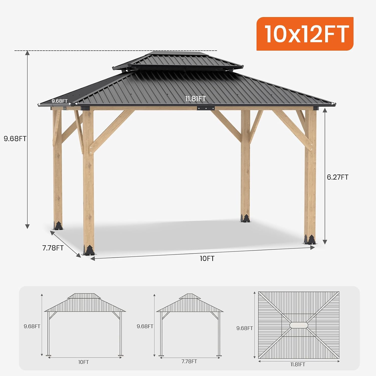 Outdoor Wooden Gazebo - Outdoor Patio Gazebo with Galvanized Steel Double Roof, Cedar Wooden Frame Pavilion, Pergolas for Garden, Lawn, Poolside (10X12FT)