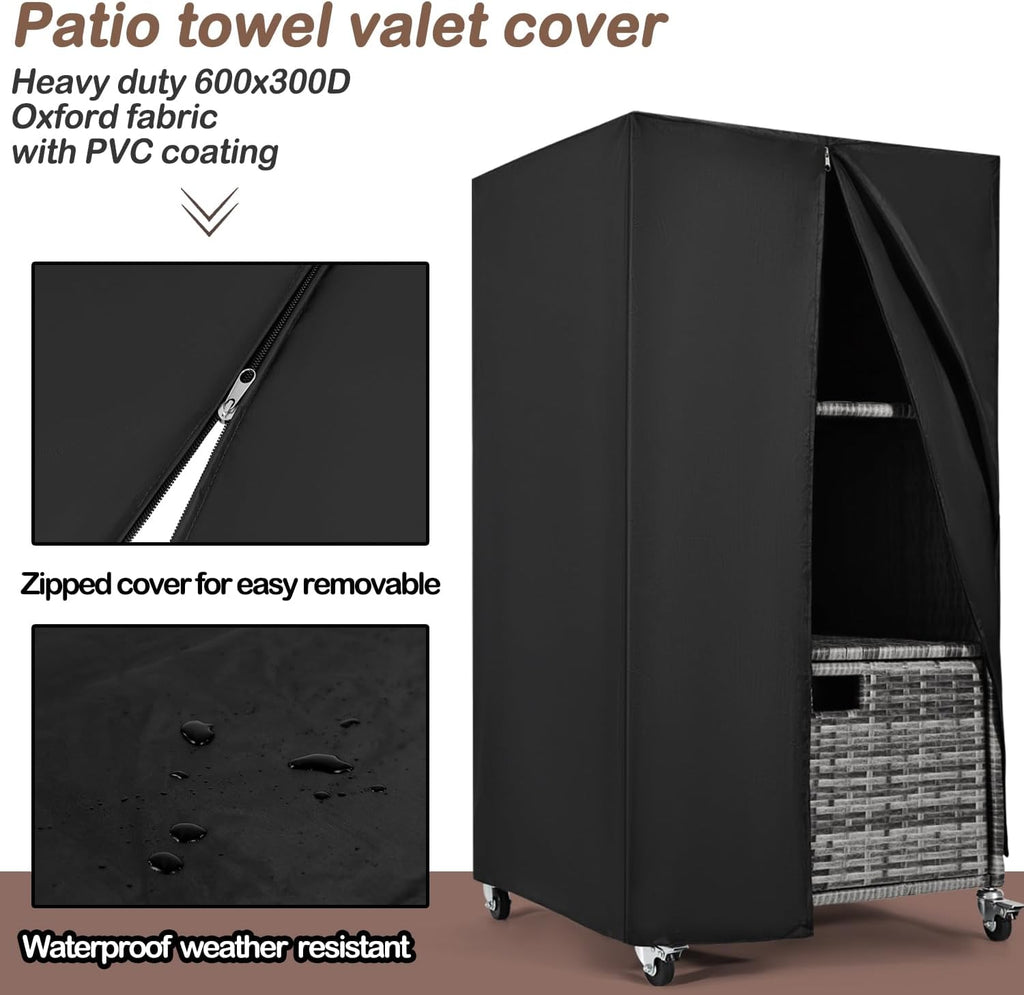 Outdoor Towel Rack for Pool Outdoor Pool Towel Storage Cabinet with Shelf & Drawer Pool Towel Hoder with Rolling Wheels Hot Tub Towel Rack W/Waterproof Cover Poolside Towels Valet Caddy for Spa Grey