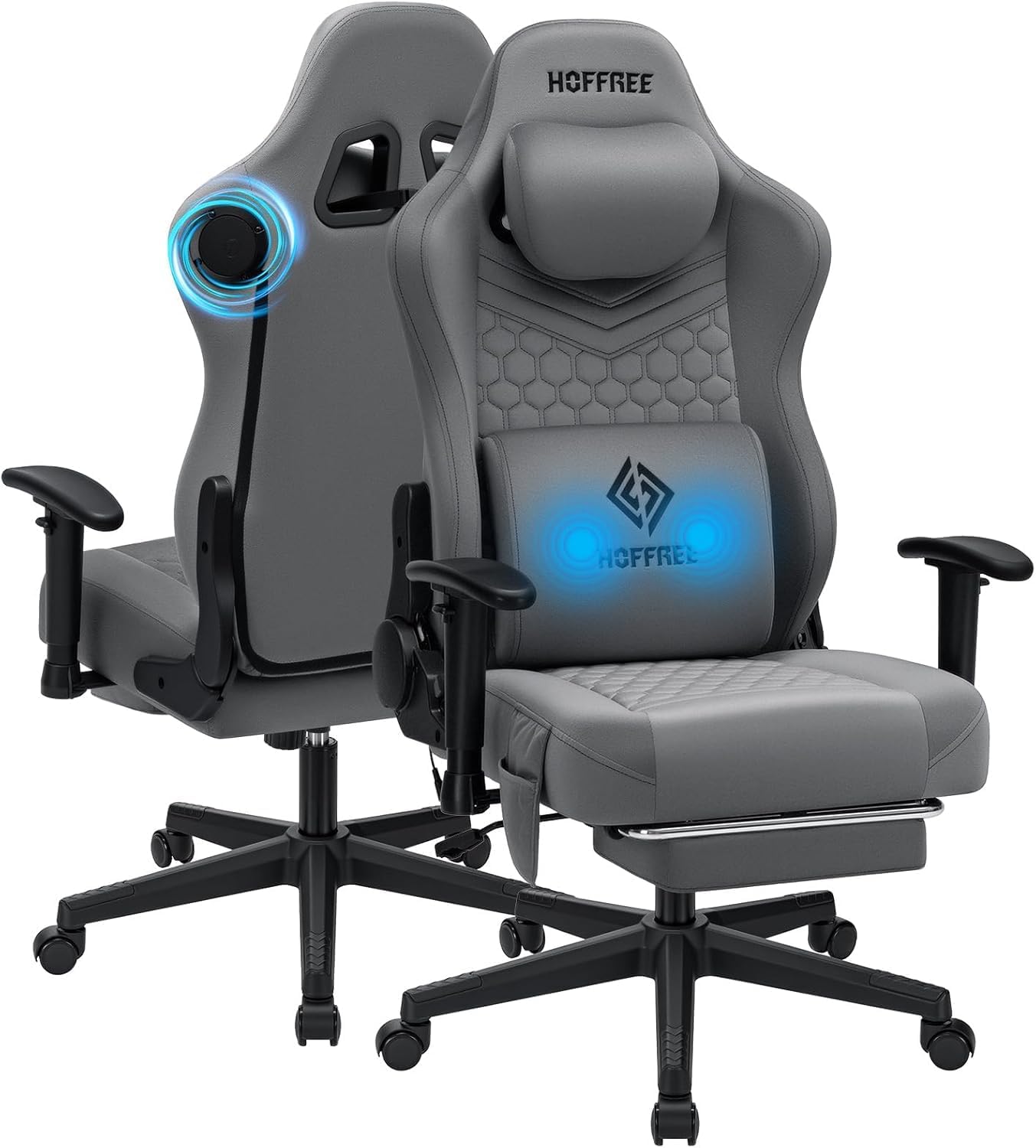 HOFFREE Gaming Chair with Bluetooth Speakers Massage Gaming Chairs for Adults Suede Fabric 165° Reclining Ergonomic Computer Chairs with Footrest Pocket Spring Cushion High Back Gamer Chair Grey