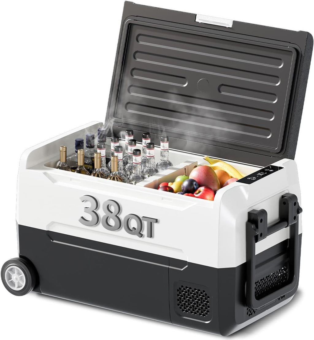 TABU 38QT Portable Car Refrigerator, 12V Dual Zone Freezer& Cooler with 12/24V DC&110/240V AC,-4℉~68℉,Car Fridge with Wheels,Low Noise, for Camping, Travel, RV (Black)