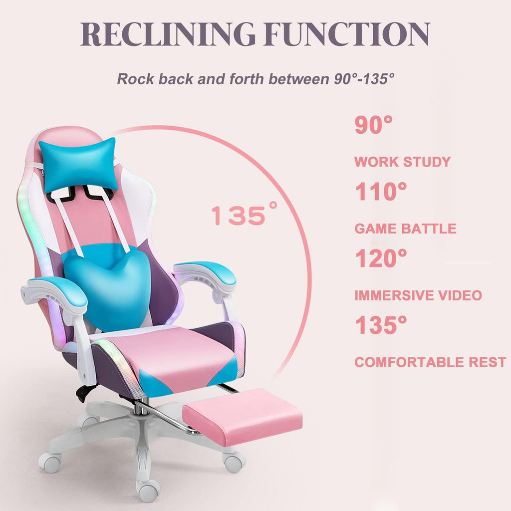 XOOFMASS Gaming Chair with Speakers and RGB LED Lights, Video Game Chair Swivel Reclining Racing Computer Chair with Headrest & Lumbar Support, PU Leather High Back Office Chair,Purple