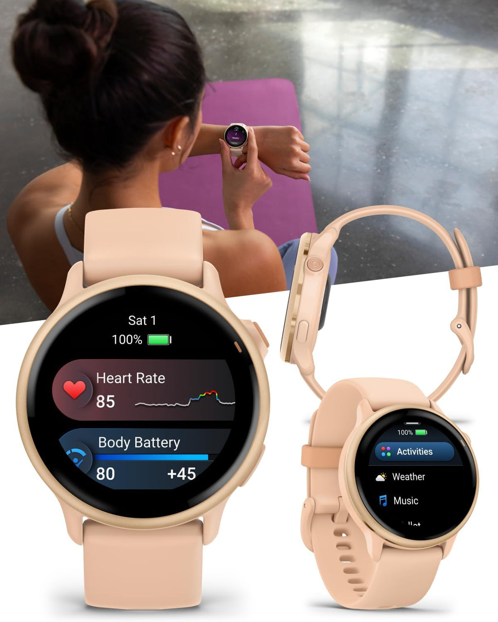 Garmin Vivoactive 6 - Health & Fitness Smartwatch, 1.2 in Bright AMOLED Display, GPS Sports Tracking, Up to 11 Days of Battery, Metallic Pink Dawn & Pink Dawn Band w White Earbuds Bundle