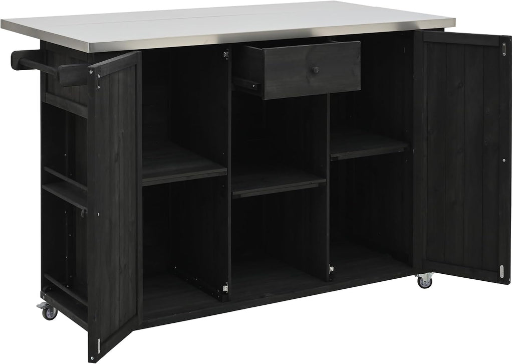 Merax XL Outdoor Table with Stainless Steel Top for Kitchen Prep and Storage Cabinet for Grilling Accessories, Outdoor Kitchen Island Grill Cart with Towel and Spice Racks & a Bottle Opener, Black