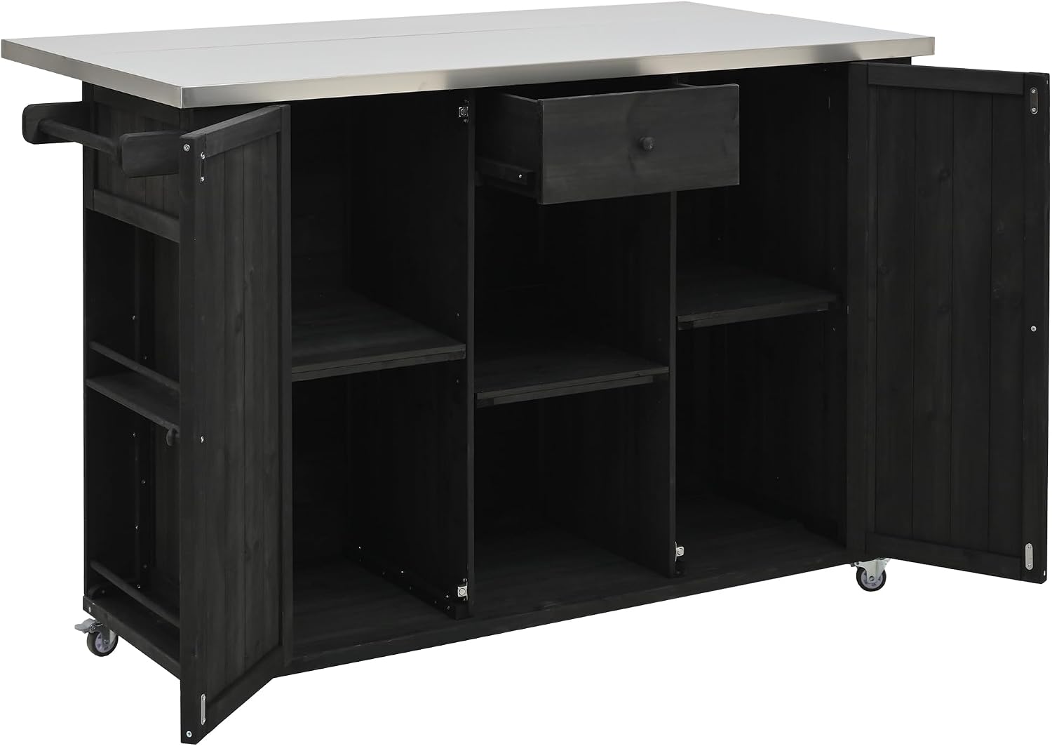 Merax XL Outdoor Table with Stainless Steel Top for Kitchen Prep and Storage Cabinet for Grilling Accessories, Outdoor Kitchen Island Grill Cart with Towel and Spice Racks & a Bottle Opener, Black