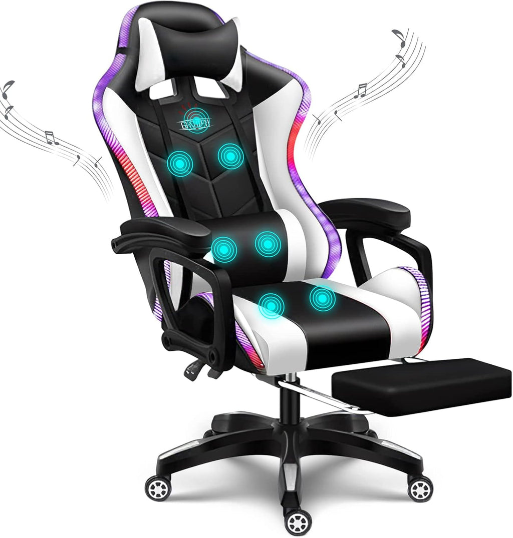 RGB Gaming Chair with Speakers, Massage Computer Chair Ergonomic Racing Game Chairs for Teens PU Leather Recliner Swivel Gamer Chair with Lumbar Support Headrest Armrest and Footrest,White