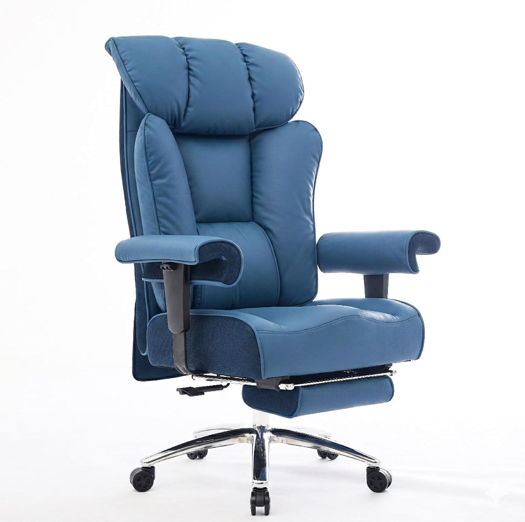 Efomao Big and Tall Office Chair 400lbs - Heavy Duty Executive Desk Chair with Foot Rest & 23' Wide Seat - High Back Ergonomic Leather Computer Chair for Heavy People, Home Office, Blue