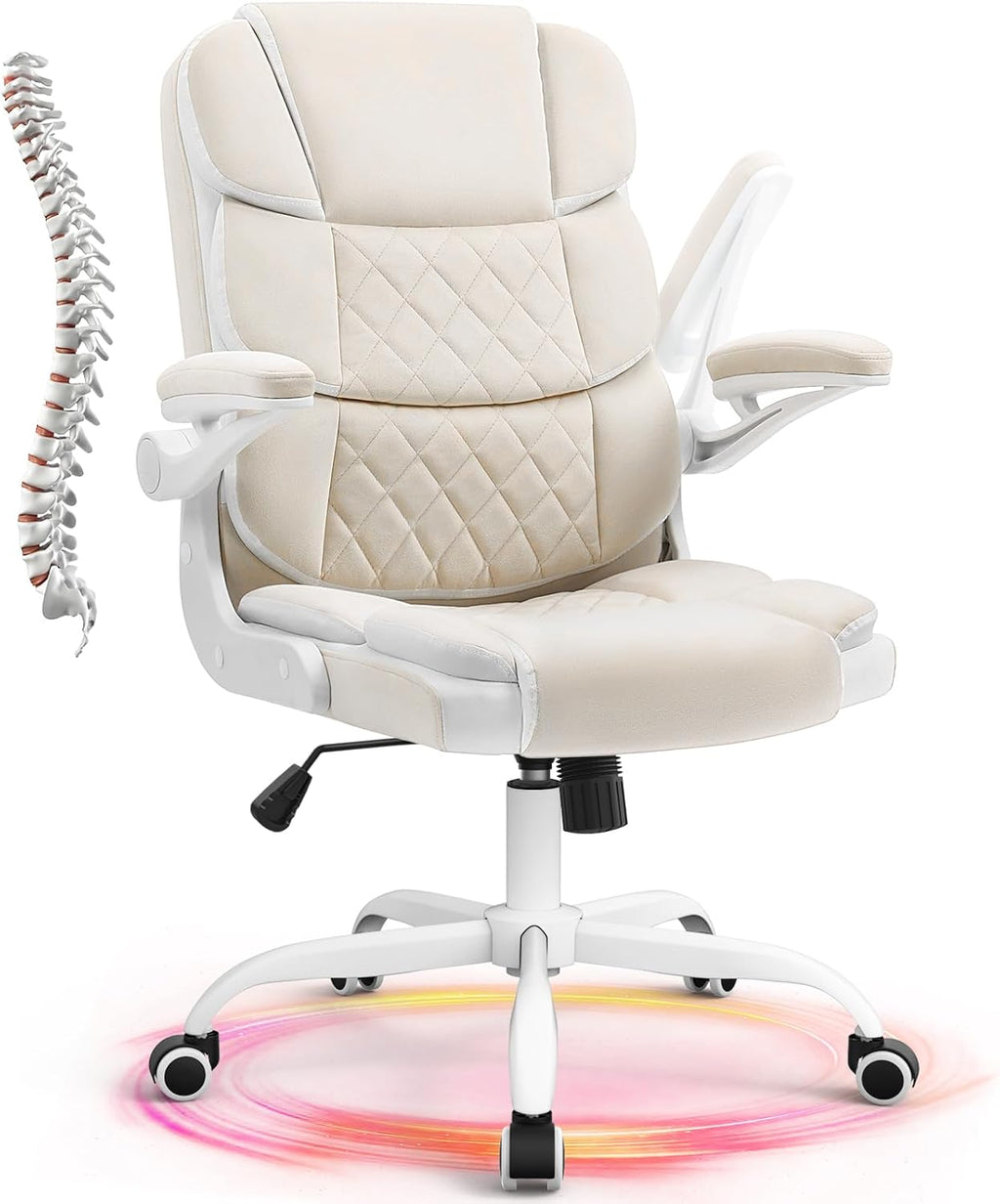 SEATZONE Office Chair Velvet Fabric Ergonomic Executive Computer Desk Chairs Small Cute Rolling Task Chairs for Teens&Adults,Beige