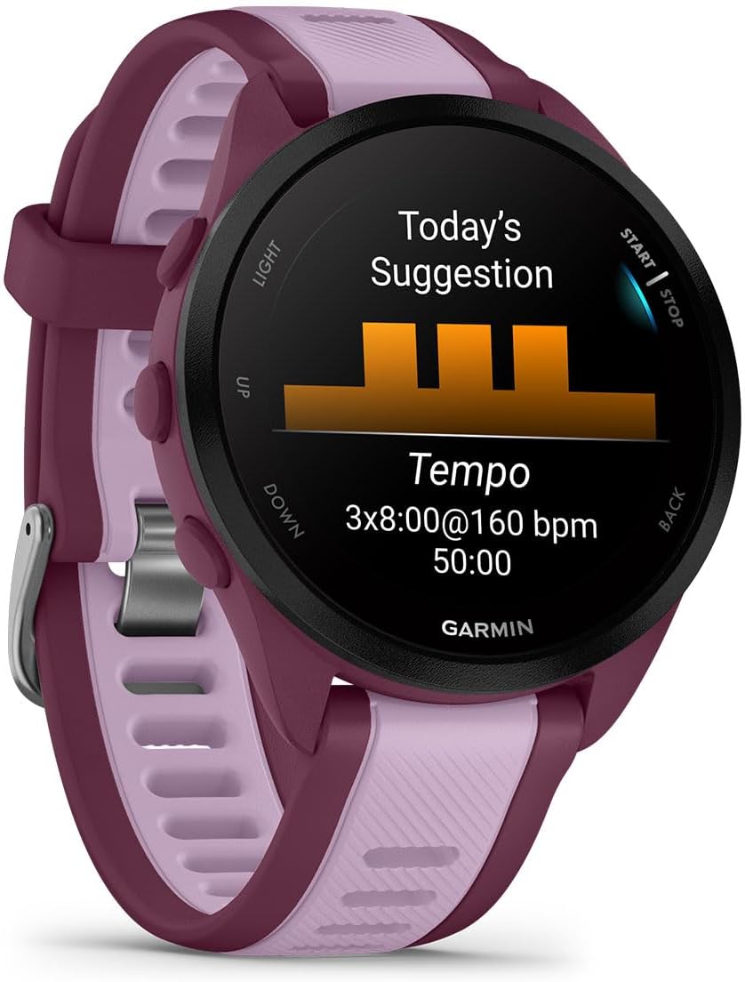 PlayBetter Garmin Forerunner 165 Music (Berry/Lilac) Running GPS Smartwatch Gift Box Bundle - AMOLED Touchscreen, 11-Day Battery, Training - Includes HD Screen Protectors, Wall Adapter & Case