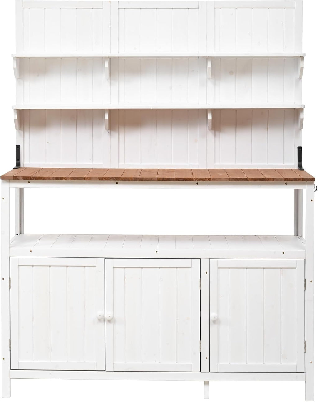 Merax Outdoor Potting Bench Table with Hutch, 50.2' Fir Wood Garden Workstation, Large Countertop, 2 Shelves, 2 Cabinets, 3 Side Hooks, Wooden Gardening Planting Table for Backyard, Patio, White
