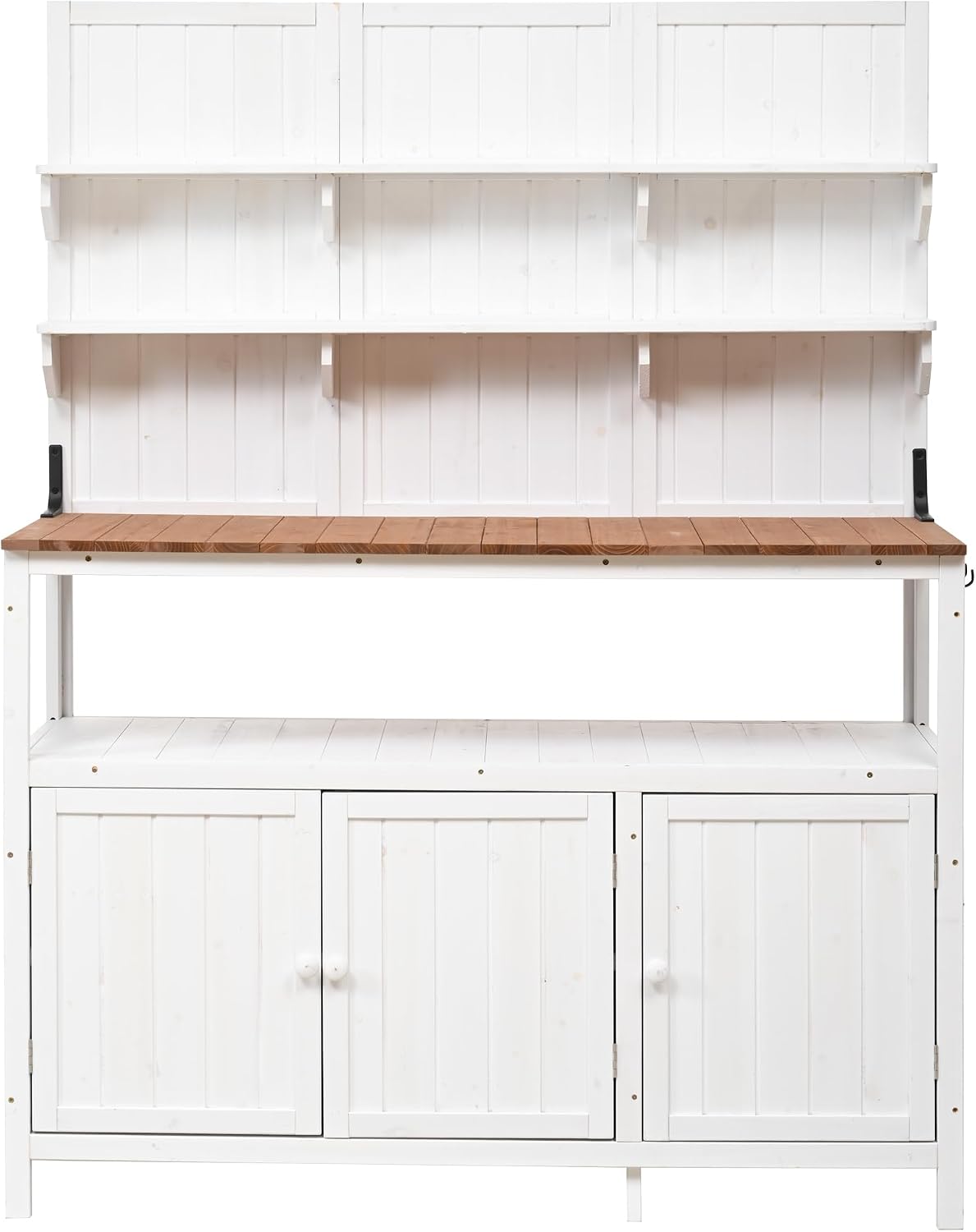 Merax Outdoor Potting Bench Table with Hutch, 50.2' Fir Wood Garden Workstation, Large Countertop, 2 Shelves, 2 Cabinets, 3 Side Hooks, Wooden Gardening Planting Table for Backyard, Patio, White