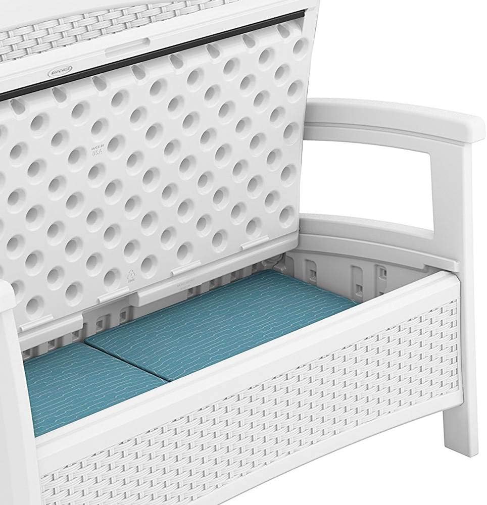 Suncast Elements Stylish Lightweight Loveseat Outdoor Seating with Convenient Built in Universal Storage, and All Weather Resin, White