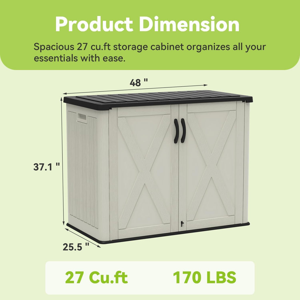 Devoko 26 Cu Ft Plastic Outdoor Storage Shed, Horizontal Resin Storage Cabinet with Lockable Door, Water-Resistant Backyard Storage Box for Garden Patio, Beige, Shelf Not Included