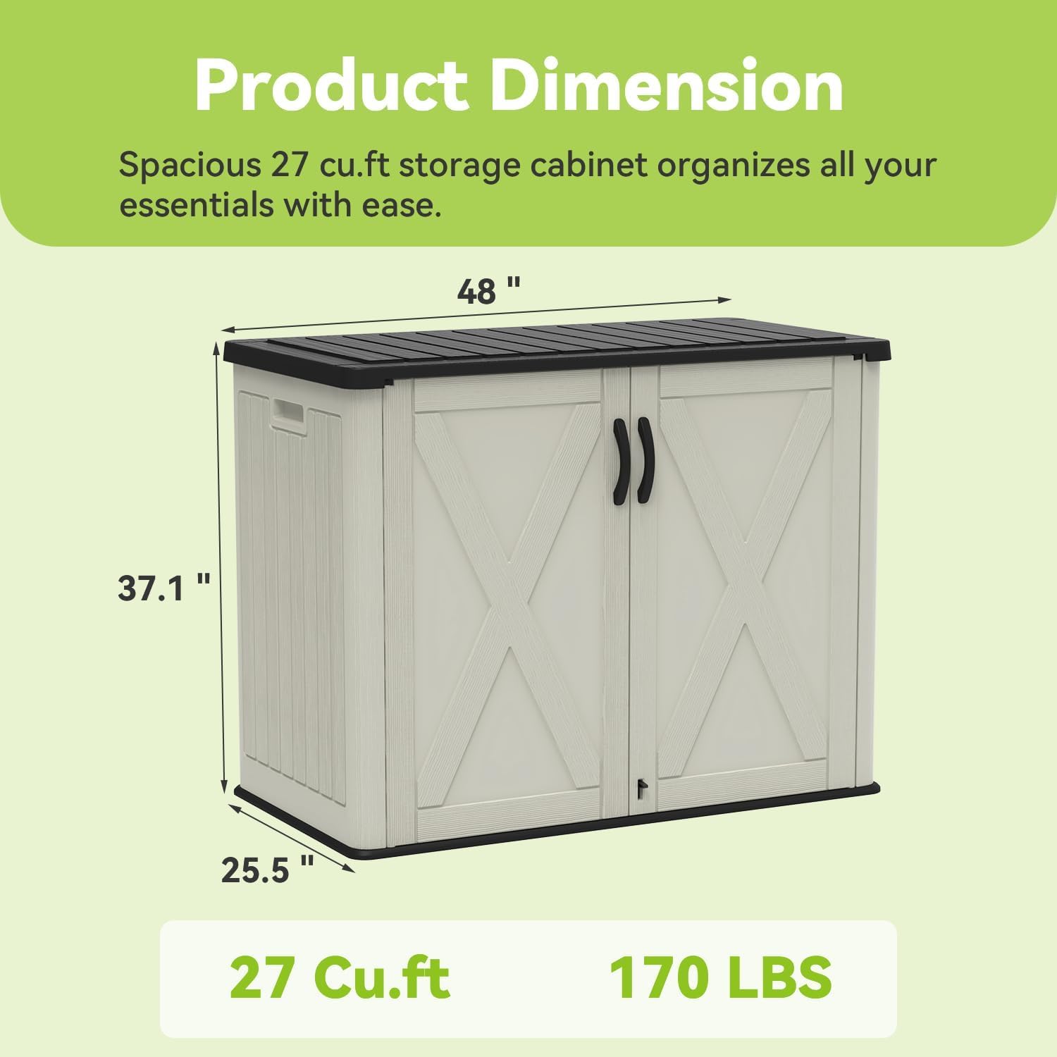 Devoko 26 Cu Ft Plastic Outdoor Storage Shed, Horizontal Resin Storage Cabinet with Lockable Door, Water-Resistant Backyard Storage Box for Garden Patio, Beige, Shelf Not Included