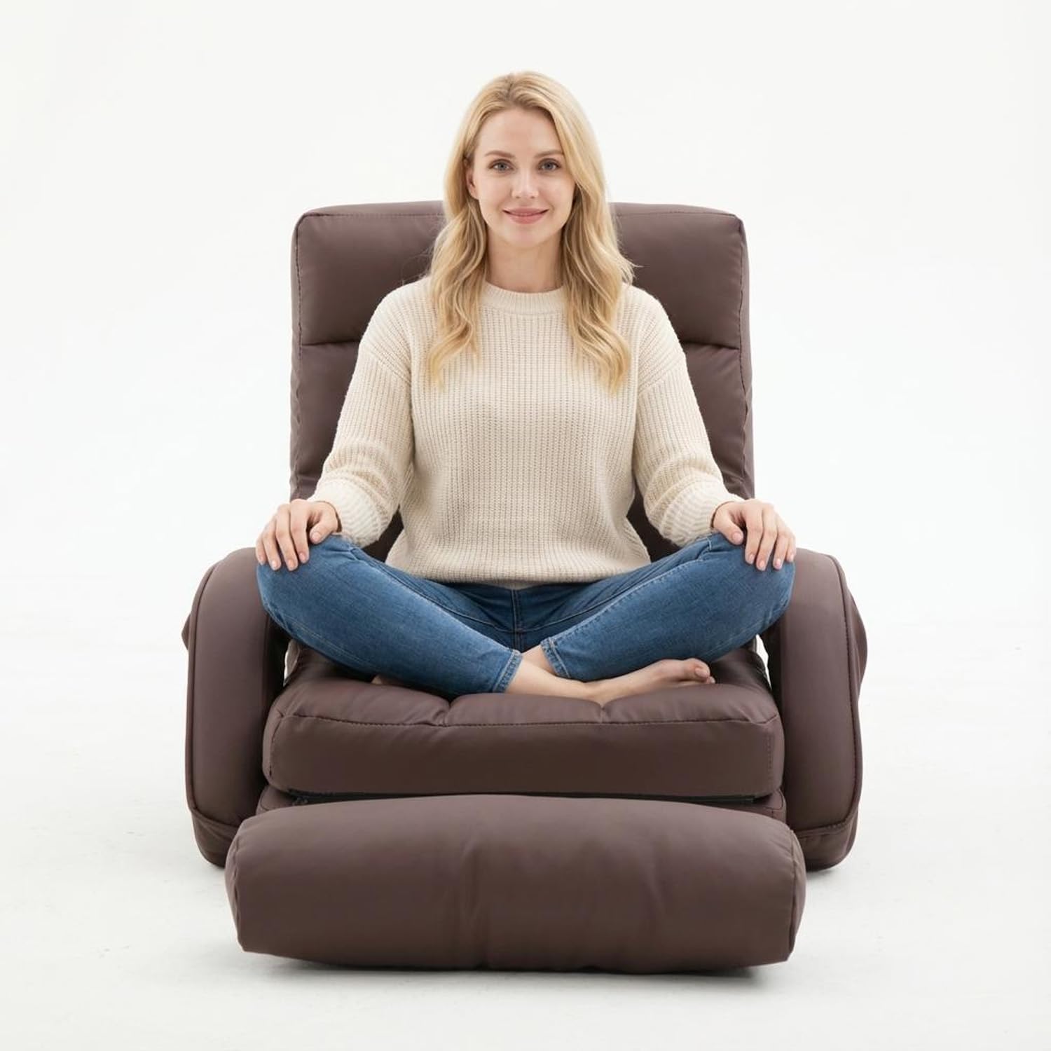 Floor Chair, Floor Gaming Chair with 14 Adjustable Position&Back Support, Folding Lounge Chair with Armrest for Adults, Lazy Sofa Lounger with Comfy Cushion for Living Room,Bedroom,PU,Coffee