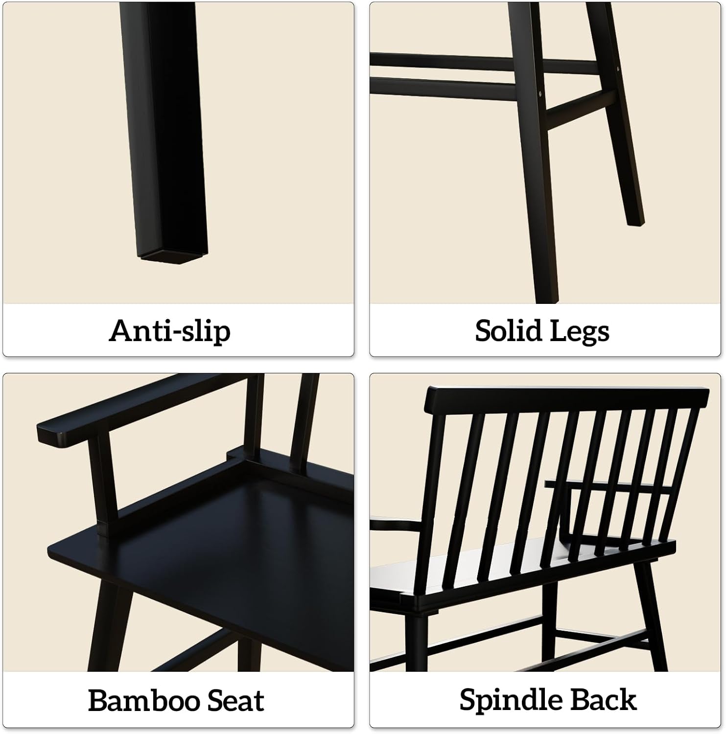 Dining Bench for Kitchen & Dining Room – Bamboo Wood Bench with Spindle Back & Armrests, Farmhouse Entryway Bench, Indoor Bedroom Bench, Versatile Entry Bench & Outdoor Bench Seating（Black with Arm）
